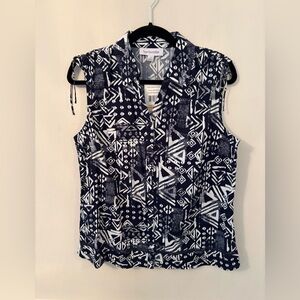Breckenridge Ladies Button Down Sleeveless Blouse-Deep Indigo/Wht- Size S- NWT
